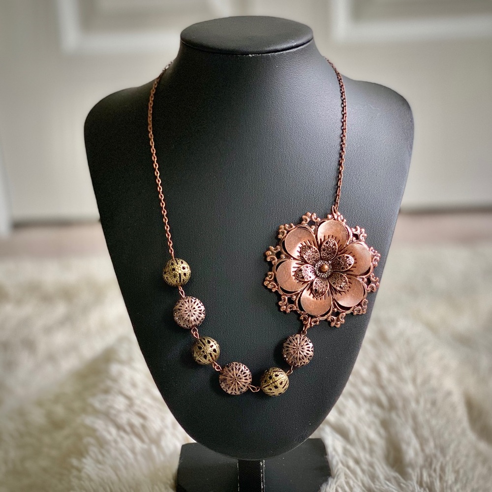 Bronze Flower and Beaded Bridesmaid Necklace